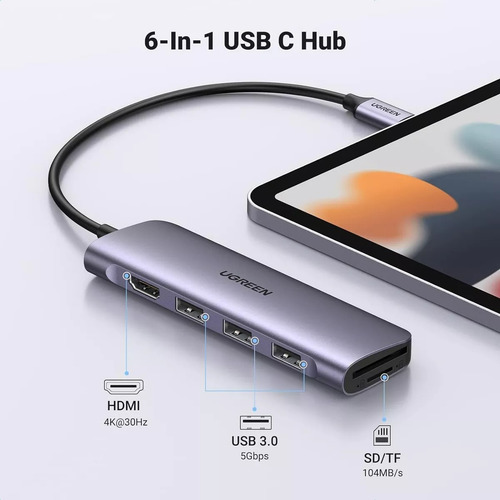 Hub Adaptador Multifuncional 6 En 1 Ugreen Para Usb-c 20956a