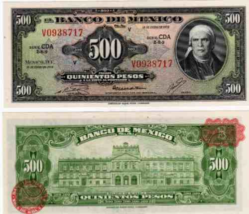 Hermoso Billete Mejico 500 Pesos Año 1974 A 1978 Excelente