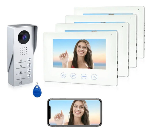 Kit Video Portero Pantalla 7  Wi-fi  Control Acceso 4 Casas.