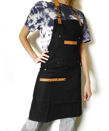 Delantal Jean Y Cuero Genuino Cocina Barman Barbería Unisex