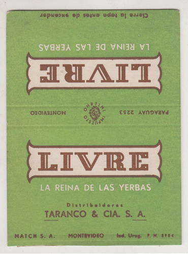 Publicidad Vintage Yerba Mate Livre Uruguay Taranco & Cia