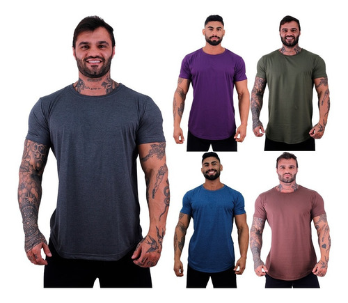 Kit 5 Camiseta Longline Lisa Cores Vivas Academia Lazer Slim