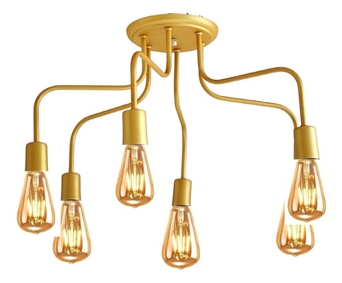 Lustre Sputnik Candelabro Sala Quarto Barbearia 6 Lâmpadas Estrutura Dourado