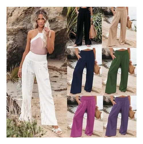 Pantalones Casuales Pantalones Lino Cintura Elástica Mujer