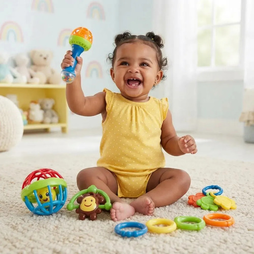 Kit 8 Pcs Chocalho Bebe Mordedor Macio Sensorial Criança Montessori Cognitivo Primeiros Passos Dentição