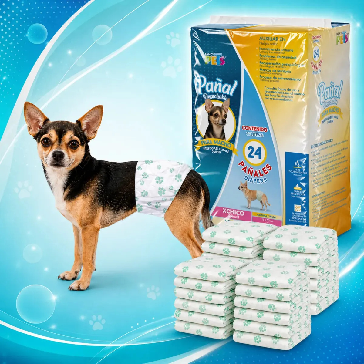 Fancy Pets Pañal Desechable Para Perro Macho Extra Chico 24 Piezas Cintura 15 A 33 cm Banda Abdominal Con Velcro Capa Super Absorbente Barrera Antiescurrimientos Y Material Respira