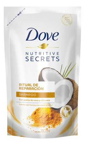 Repuesto Shampoo Dove Nutritive Secrets Ritual de Reparación Coco y Cúrcuma en repuesto de 180mL por 1 unidad