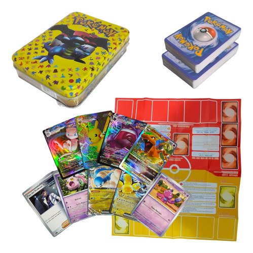 Lata Pokémon Tcg Grande + 2 Mazos 40 Cartas + Tablero Compat