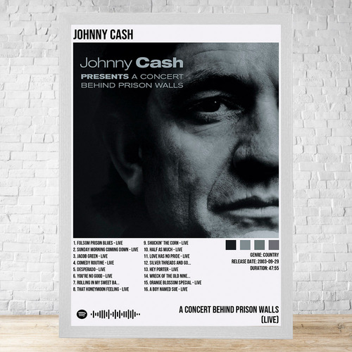 Cuadro Johnny Cash 5 30x40 Con Vidrio Y Marco Madera C565 Blanco Clasico