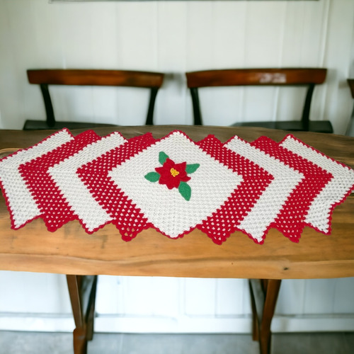 Camino De Mesa Tejido A Mano Navidad Noche Buena Color Blanco Granny Square