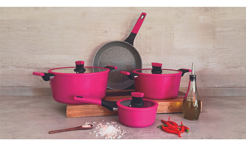 Bateria De Cocina 7 Piezas Soho Cherry Aluminio Forjado Rosa