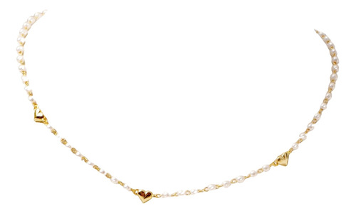 Colar E Pulseira De Pérolas Com Coração Dourado Banhado Ouro