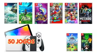 Nintendo Switch Oled 256gb + 64gb - 50 Jogos Digitais - Zelda Tears Of The Kingdom - Pokémon Violet - Mario Kart 8 Deluxe