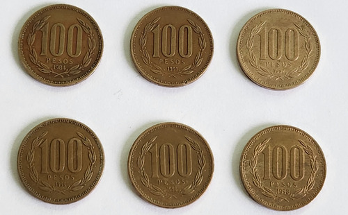 Lote De 6 Monedas De 100 Pesos Chilenos Varios Años. (Usado)