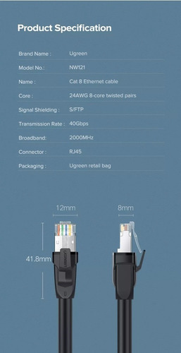 Imagen 7 de 7 de Ugreen - Cable De Red Cat8 Redondo 40gbps (8 Metros)
