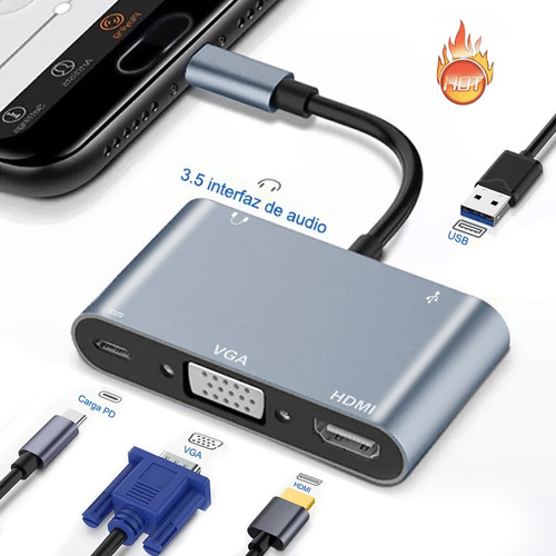 Usb-c To Hdmi Vga & Audio+usb+pd Adapter(5 En 1)