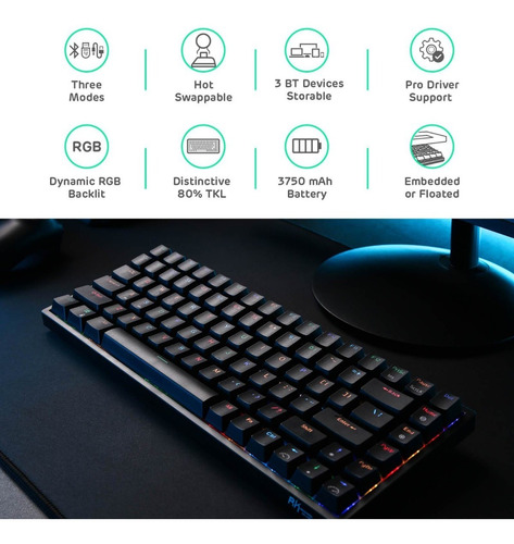 Imagen 2 de 8 de Teclado Inalambrico Negro Rgb Royal Kludge Rk84 Tkl Red S