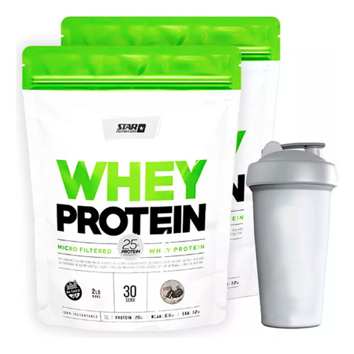 Star Nutrition Whey Protein Proteínas Sabor Cookies And Cream De 908g Pack X2 y Vaso 600 Ml