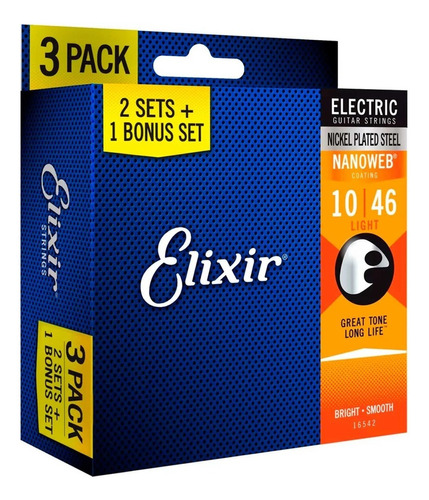  Elixir Encordoamentos Para Guitarra Elétrica 1046 - Kit Com 3 Unidades