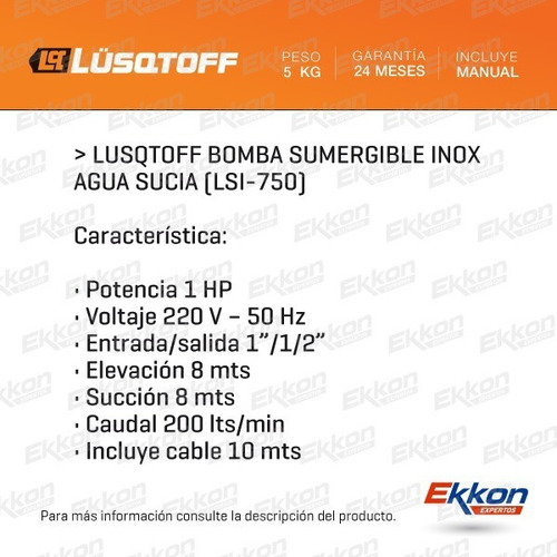 Imagen 2 de 8 de Bomba Sumergible Inox Lusqtoff 750 W Agua Sucia 12000 Lts/h