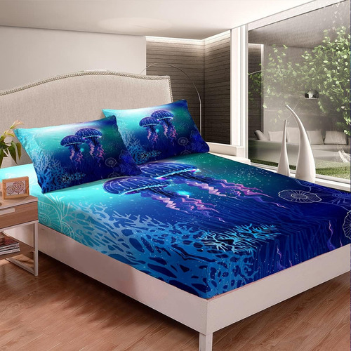 Sábana Bajera Ajustable Con Diseño De Medusas, Color Azul, M