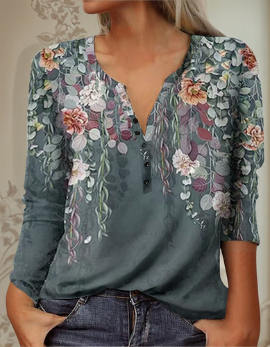 Blusa Delgada Con Botones De Manga Larga Con Estampado Para