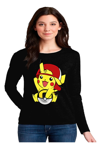 Polera Manga Larga 100% Algodón Pikachu Con Gorra Pokemon