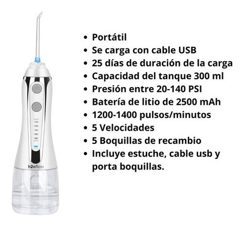 Irrigador Dental Limpieza Bucal Blanco H2ofloss Pórtatil.