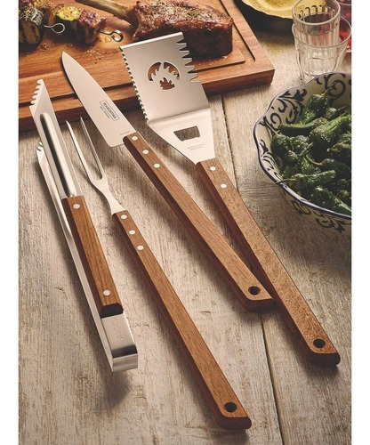 Juego Set Asado Churrasco Tramontina Acero Inox Madera 3pz