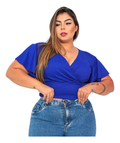 Blusa Cropped Plus Size Transpassado Manga Flare Verão Gg G1