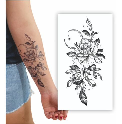 Kit 3 Tatuagens Temporárias | Antebraço | Rosa E Lua Cor Preto