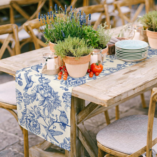 Caminos De Mesa De Lino Azul Y Blanco Retro Monocromáticos C