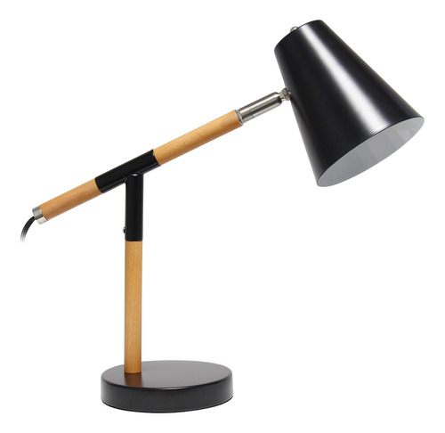Lámpara De Escritorio Negra Mate Y Madera, Diseño Simple