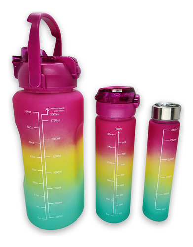 3 Garrafas Água Galão 2l 900ml 500ml Degrade Academia Escola