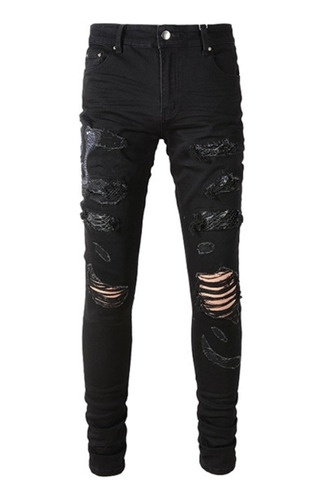 Jeans/pantalones De Serpiente Bordados Rotos Negros