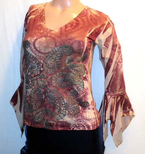 Remera Vintage Mujer Talla S Relieve Manga Larga En Picos