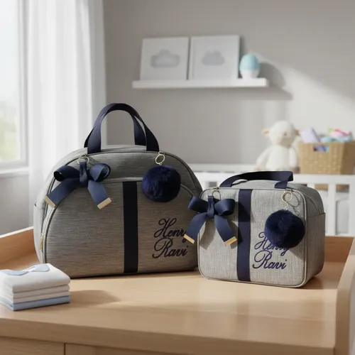 Bolsas Maternidade Média E Pequena Personalizada Com Nome Cinza Com Marinho