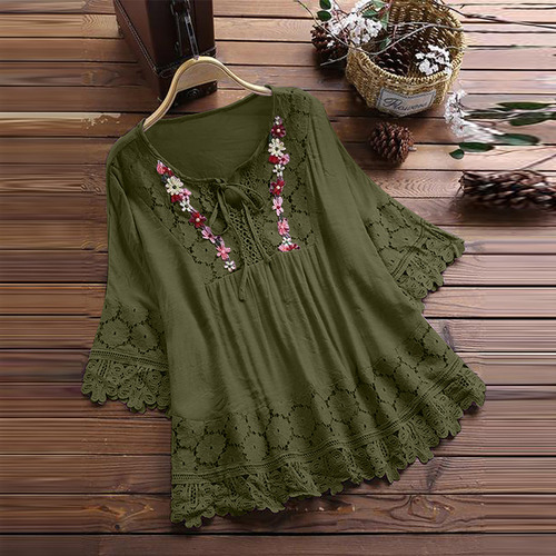 Blusa G Para Mujer, Estilo Vintage, Encaje, Retazos, Lazo, C