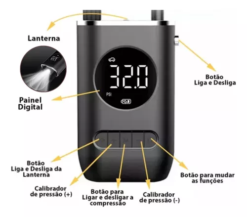 Bomba De Ar Calibrador Compressor Digital Portátil Sem Fio | Frete grátis