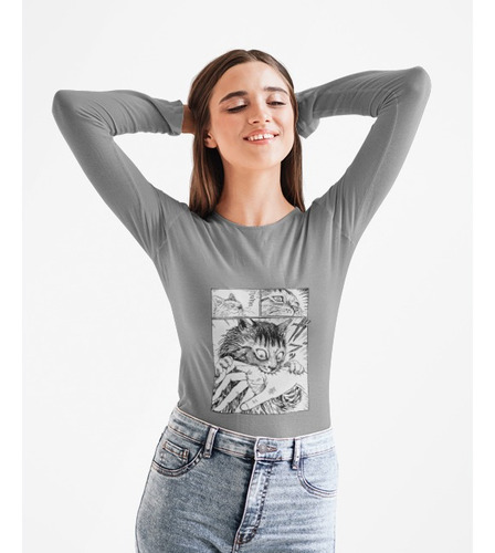 Polera Larga Junji Ito Manga Gato Mordisco Estampado