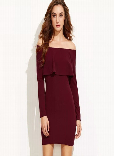 Vestido Sheinside Off Shoulder Color Vino 