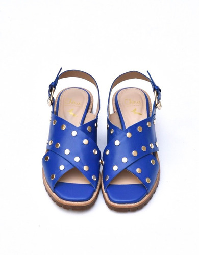 Sandalias De Dama Cruzadas Taco Bajo Con Tachas Azul