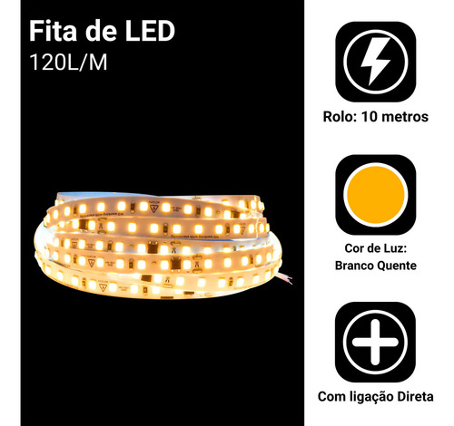 Fita Led Direta 120leds/m Rolo 10m Não Usa Fonte Luz Branco-quente Tensão De Operação