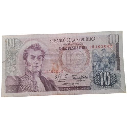 Billete 10 Pesos 7 Agosto 1980 Colombia