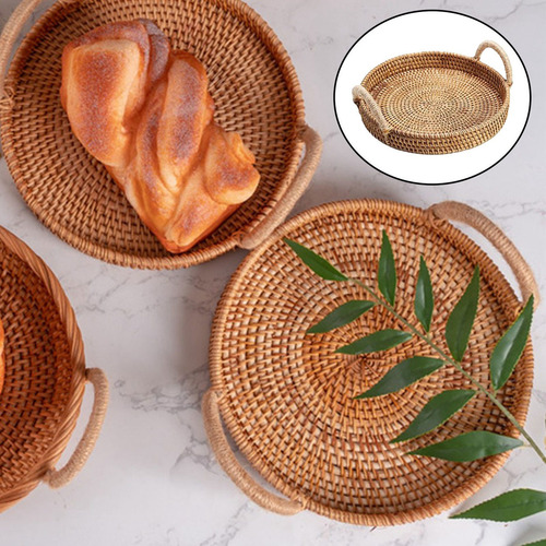 Cesta De Mimbre Hecha A Mano Con Asas De Madera Bandeja