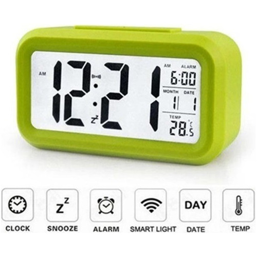 Reloj Alarma  Digital Luz Lcd Temperatura 14 Cm Buro Verde