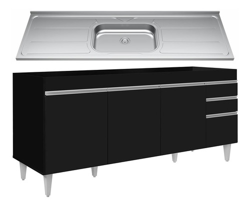 Balcão Gabinete Com Pia 180cm Dallas Preto - Lumil