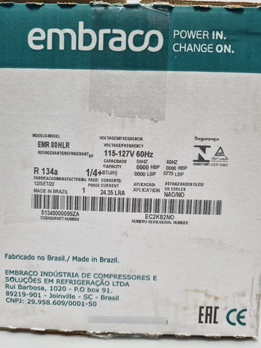 Imagen 5 de 5 de Compresor Embraco 1/4+ Emr80hlr 115v/60hz L/mbp R134a 779btu