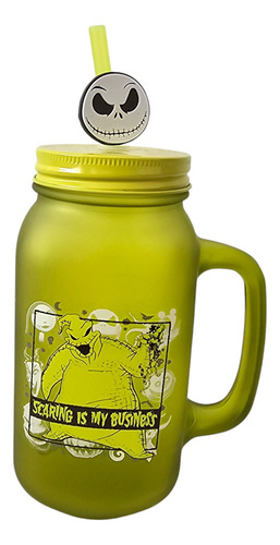 Mason Jar Tarro Asa Vidrio Con Tapa Popote Personajes Jarro Color Verde Oogie Boogie