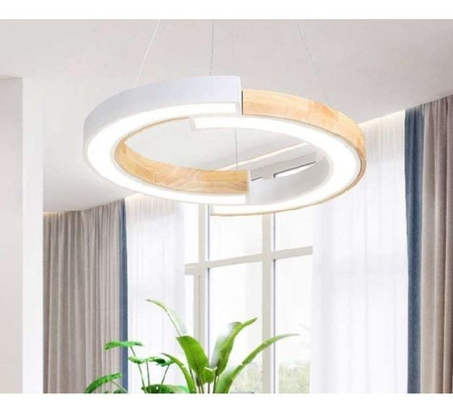 Lámpara Colgante De Led Color Blanco O Negro Con Madera 58cm